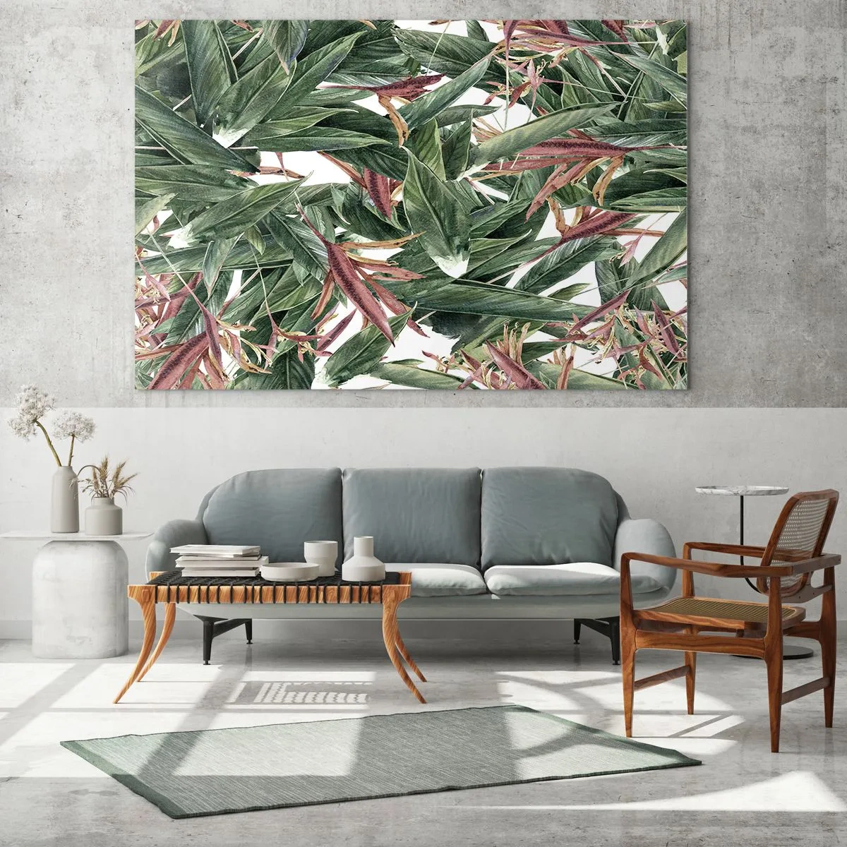 Glasbild - Bild auf glas - Blätter in Grün- und Burgundertönen auf hellem Hintergrund - 70x50cm - Smaragd-lila Dickicht - Moderne Wanddekoration für Wohnzimmer und Schlafzimmer ARTTOR