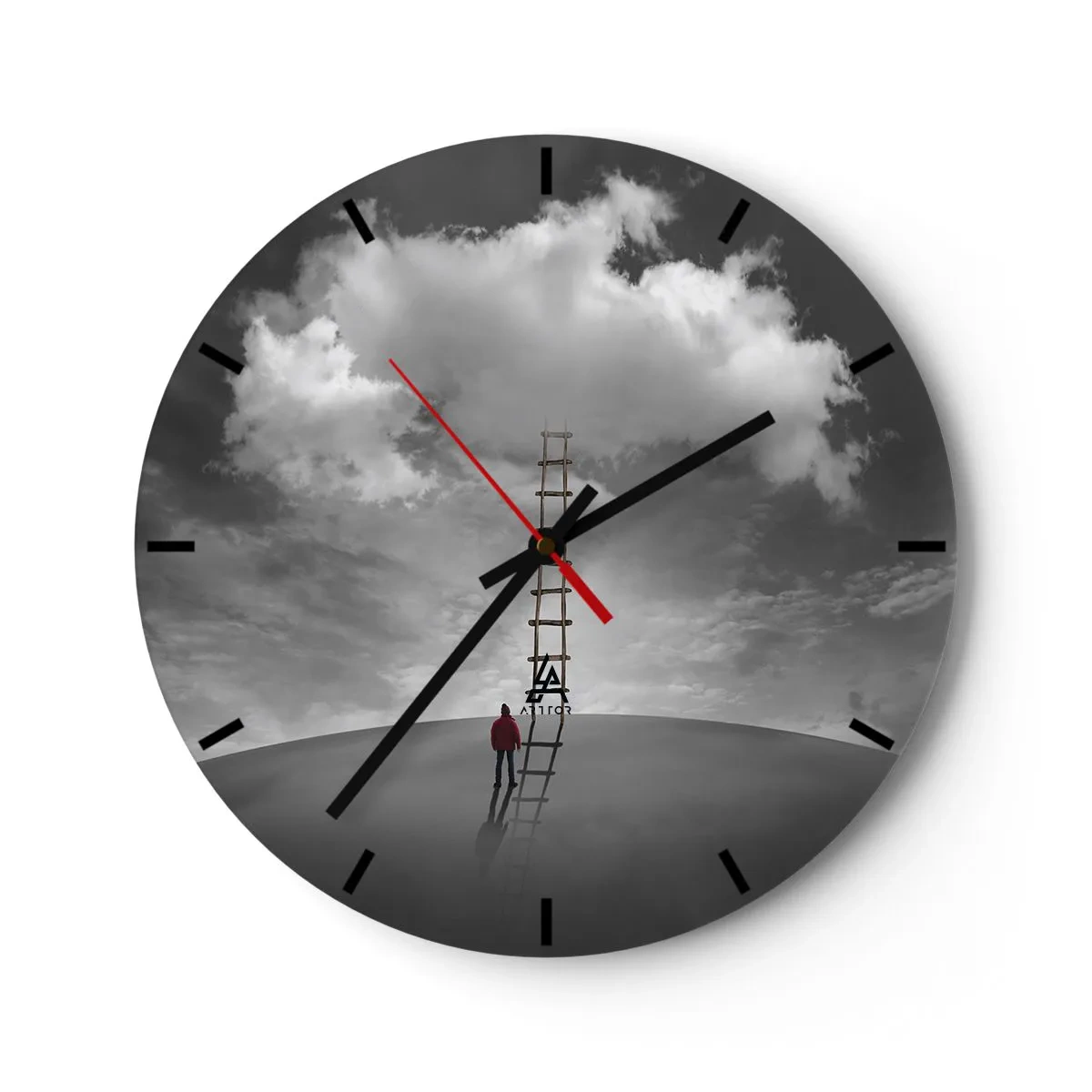 Wanduhr - Glasuhr - Ein Mann klettert eine Leiter hinauf zu einer Wolke am Himmel - 30x30cm - Alles ist möglich - Moderne Wanddekoration für Wohnzimmer, Küche und Schlafzimmer ARTTOR
