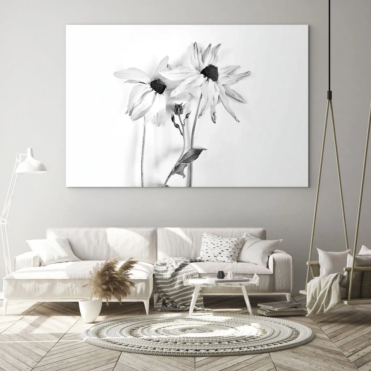 Glasbild - Bild auf glas - Schwarz-weiße Blumen im minimalistischen Stil - 120x80cm - Niemand will allein sein - Moderne Wanddekoration für Wohnzimmer und Schlafzimmer ARTTOR