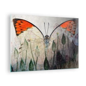 Glasbild - Bild auf glas - Ein kunstvoller Schmetterling, umgeben von zarten Blumen auf grauem Hintergrund. - 70x50cm - Wo schwingt der Schmetterling im Gras - Moderne Wanddekoration für Wohnzimmer und Schlafzimmer ARTTOR