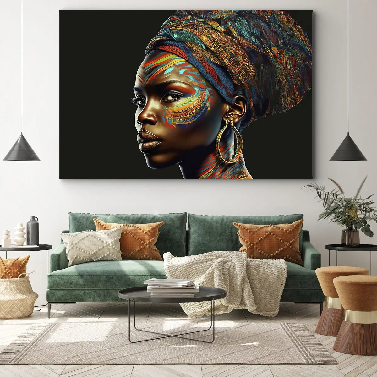 Bild auf Leinwand - Leinwandbild - Porträt einer Frau mit buntem Muster und Turban - 120x80cm - Afrikanische Königin - Moderne Wanddekoration für Wohnzimmer und Schlafzimmer ARTTOR