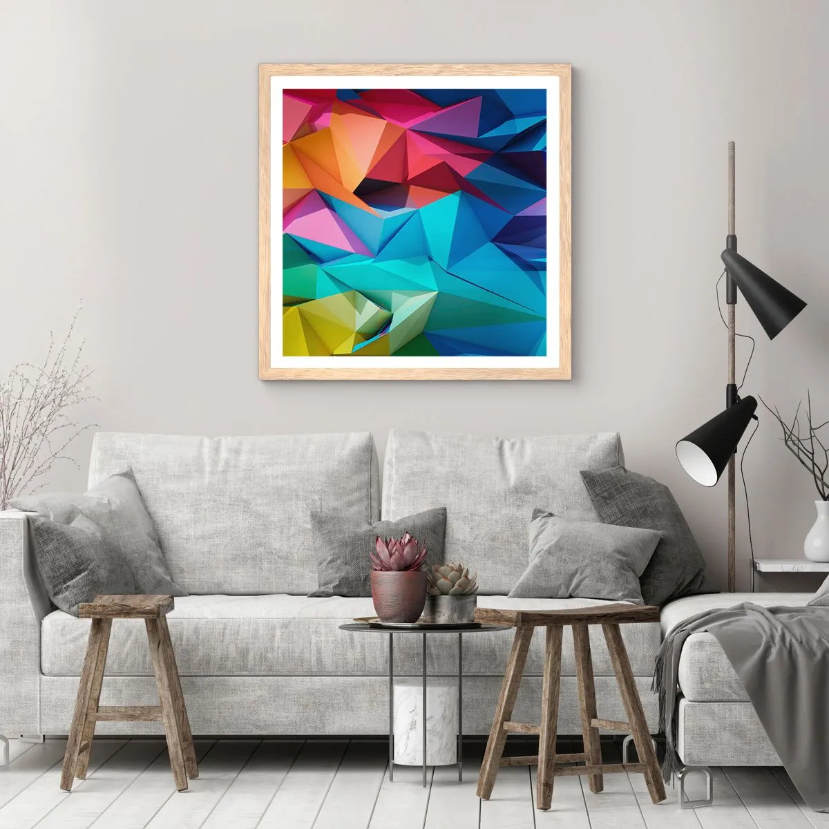 Poster in einem Rahmen aus heller Eiche - Regenbogen-Origami - 50x50 cm