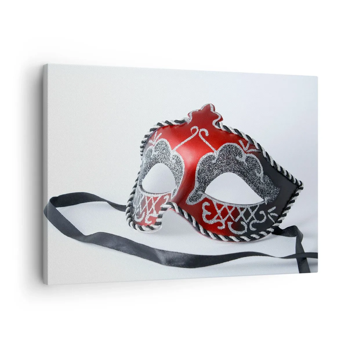 Bild auf Leinwand - Leinwandbild - Rote Karnevalsmaske auf hellem Hintergrund - 70x50cm - Einladung zum Abschlussball - Moderne Wanddekoration für Wohnzimmer und Schlafzimmer ARTTOR