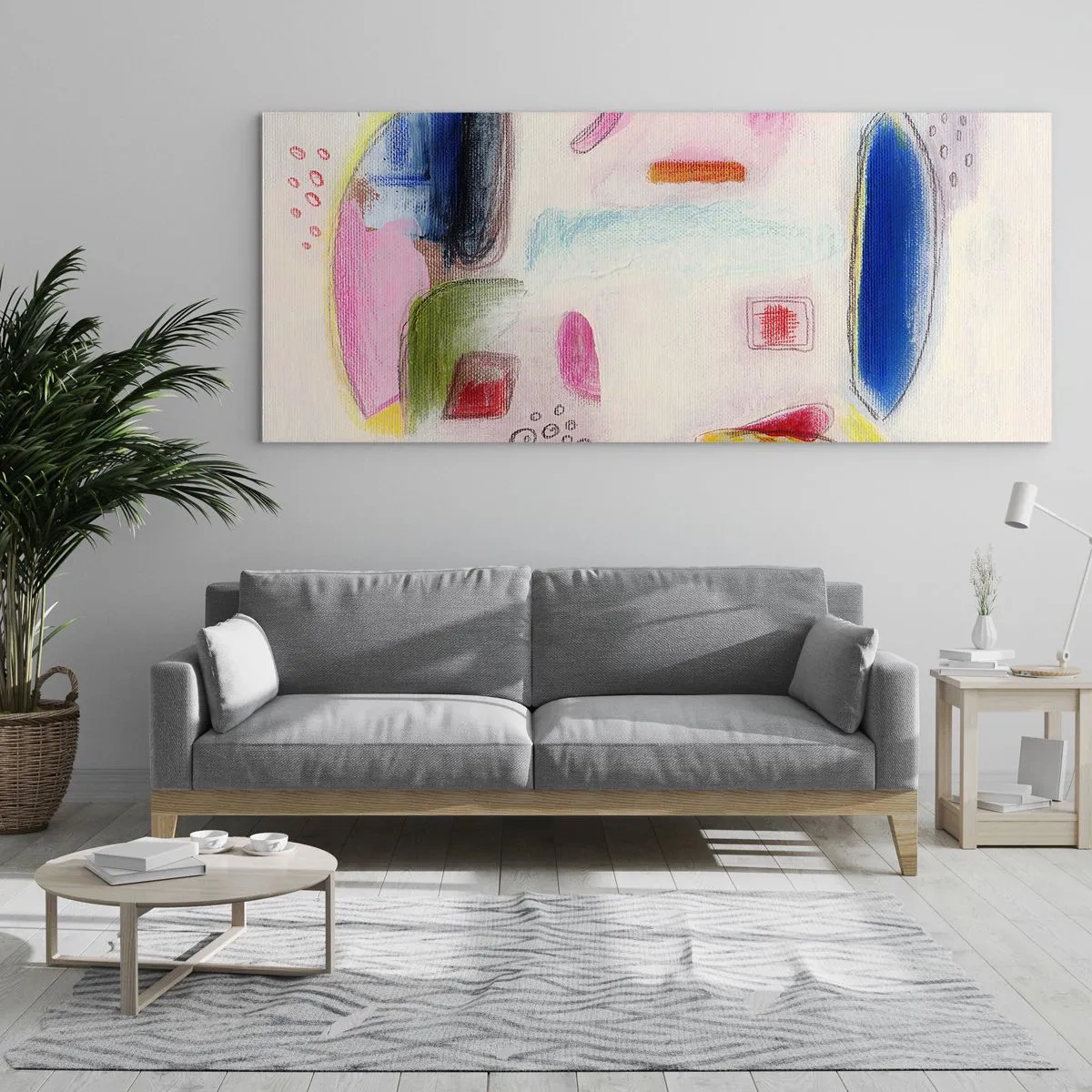 Glasbild - Bild auf glas - Bunte abstrakte Formen auf hellem Hintergrund - 120x50cm - Eher konvex als konkav oder flach - Moderne Wanddekoration für Wohnzimmer und Schlafzimmer ARTTOR