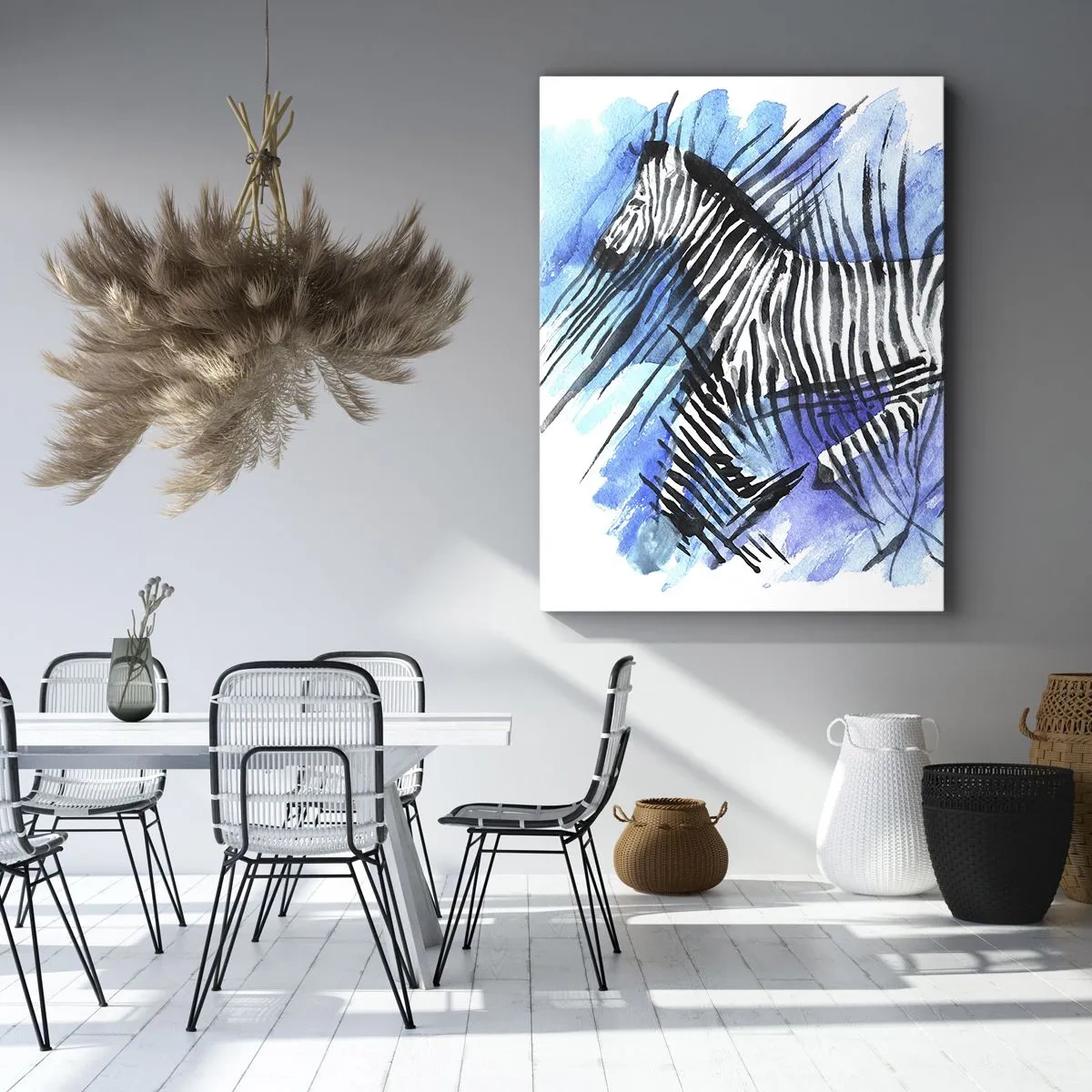 Bild auf Leinwand - Leinwandbild - Aquarell-Illustration eines Zebras vor blauem Himmel - 70x100cm - In Streifen versteckt - Moderne Wanddekoration für Wohnzimmer und Schlafzimmer ARTTOR
