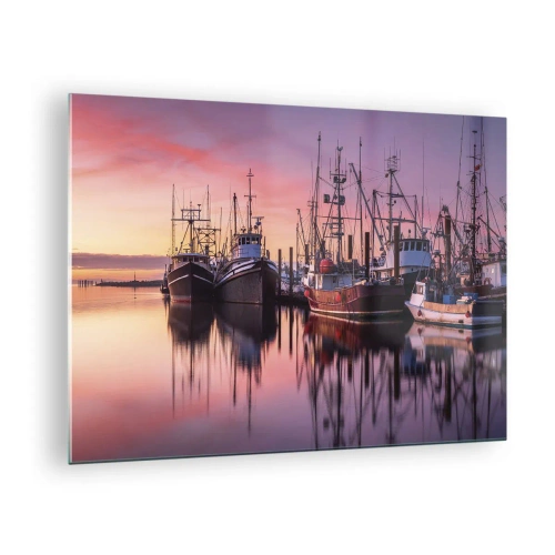 Glasbild - Bild auf glas - Fischerboote bei Sonnenuntergang in einem ruhigen Hafen - 70x50cm - Vor dem nächsten Tag - Moderne Wanddekoration für Wohnzimmer und Schlafzimmer ARTTOR