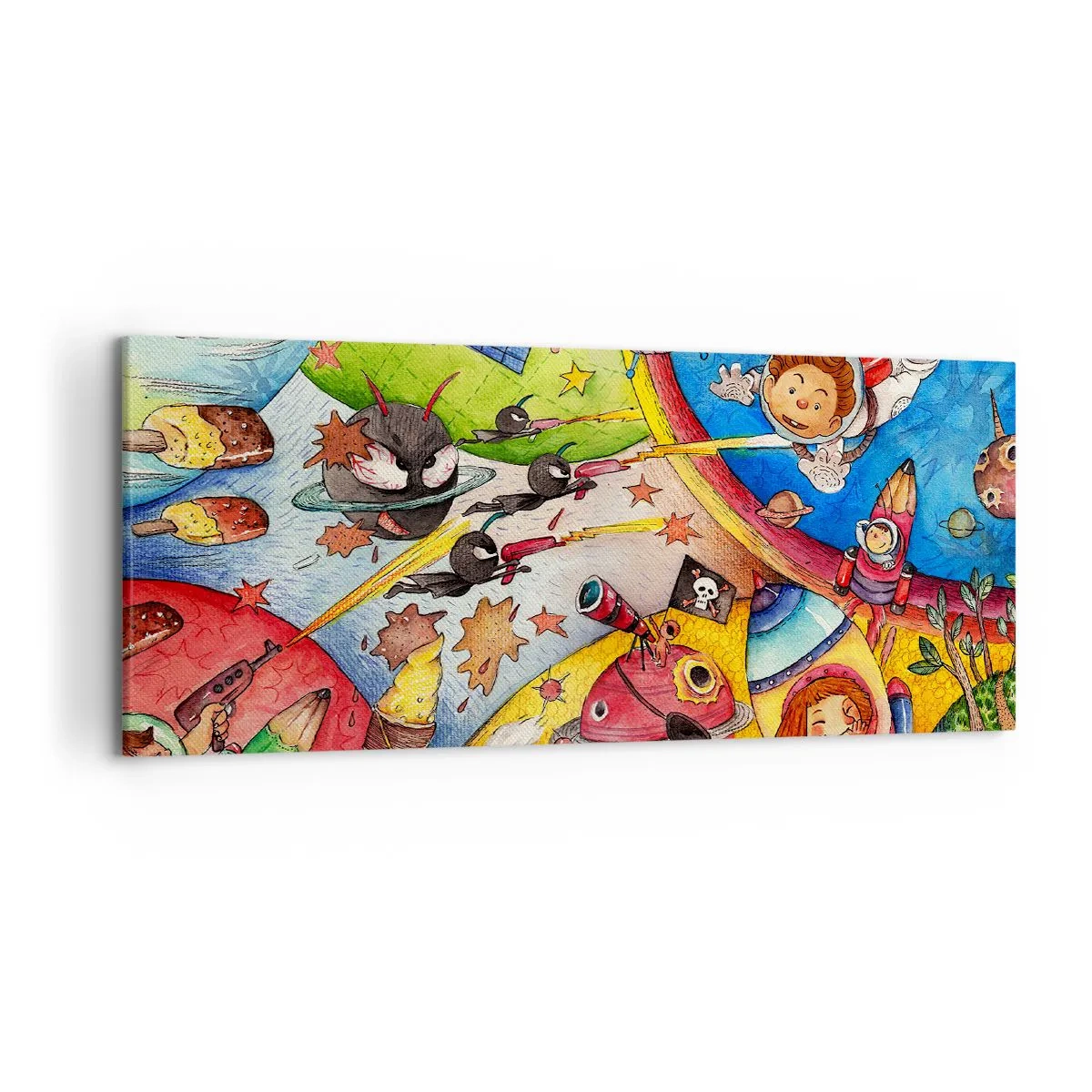 Bild auf Leinwand - Leinwandbild - Eine bunte Weltraumszene voller Kinder und Raumschiffe - 120x50cm - Tolles Weltraumabenteuer - Moderne Wanddekoration für Wohnzimmer und Schlafzimmer ARTTOR
