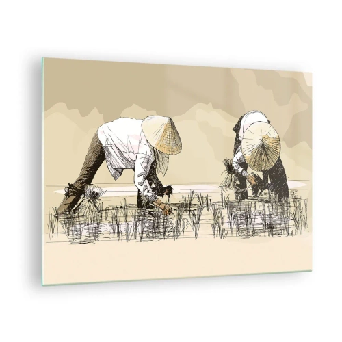Glasbild - Bild auf glas - Eine minimalistische Illustration von Bauern bei der Arbeit - 70x50cm - Erfolgreiche Ernte - Moderne Wanddekoration für Wohnzimmer und Schlafzimmer ARTTOR