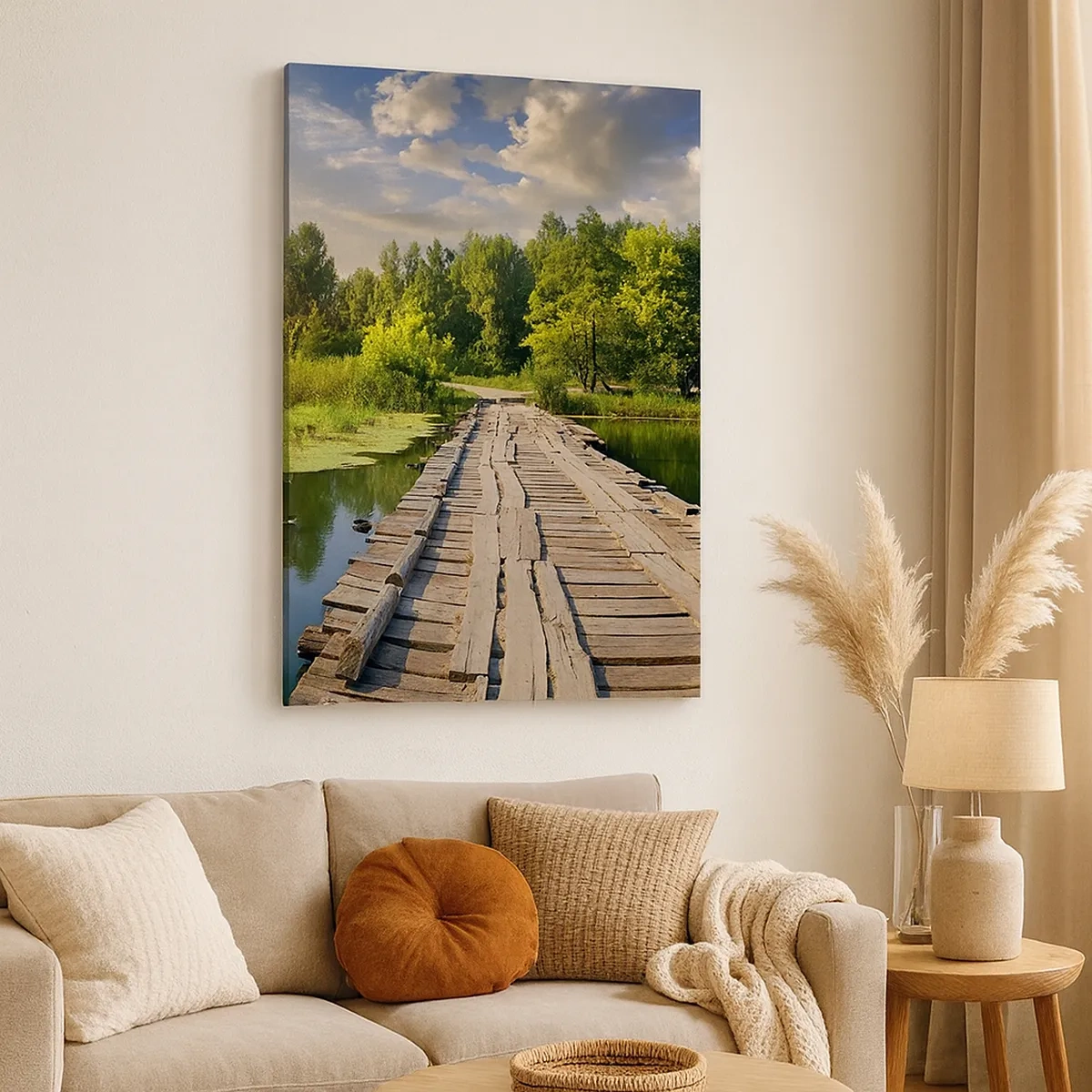 Bild auf Leinwand - Leinwandbild - Eine malerische Landschaft mit einer Brücke und einem Schwan - 50x70cm - Sommer, Sommer überall - Moderne Wanddekoration für Wohnzimmer und Schlafzimmer ARTTOR