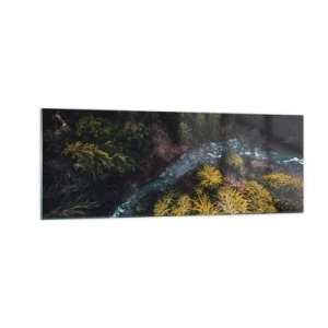 Glasbild - Bild auf glas - Ein Blick von oben auf einen Wald mit einem gewundenen Fluss - 140x50cm - Schnell und immer schneller - Moderne Wanddekoration für Wohnzimmer und Schlafzimmer ARTTOR