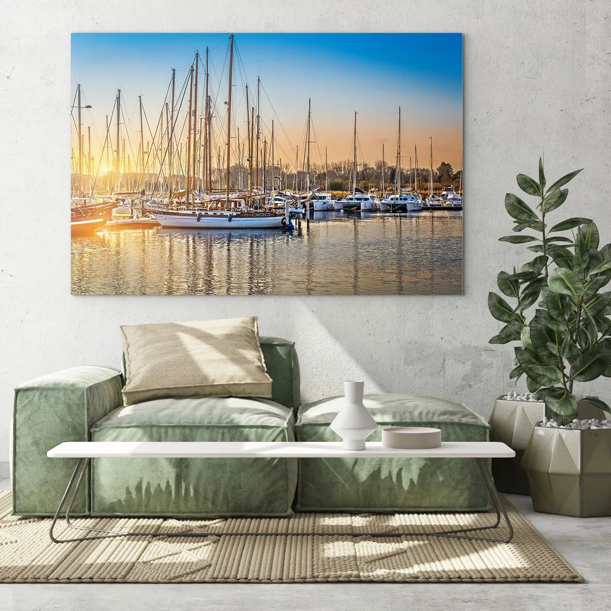 Glasbild - Bild auf glas - Ein Yachthafen voller Segelboote im Licht der untergehenden Sonne - 70x50cm - Der Wind muss auch schlafen - Moderne Wanddekoration für Wohnzimmer und Schlafzimmer ARTTOR