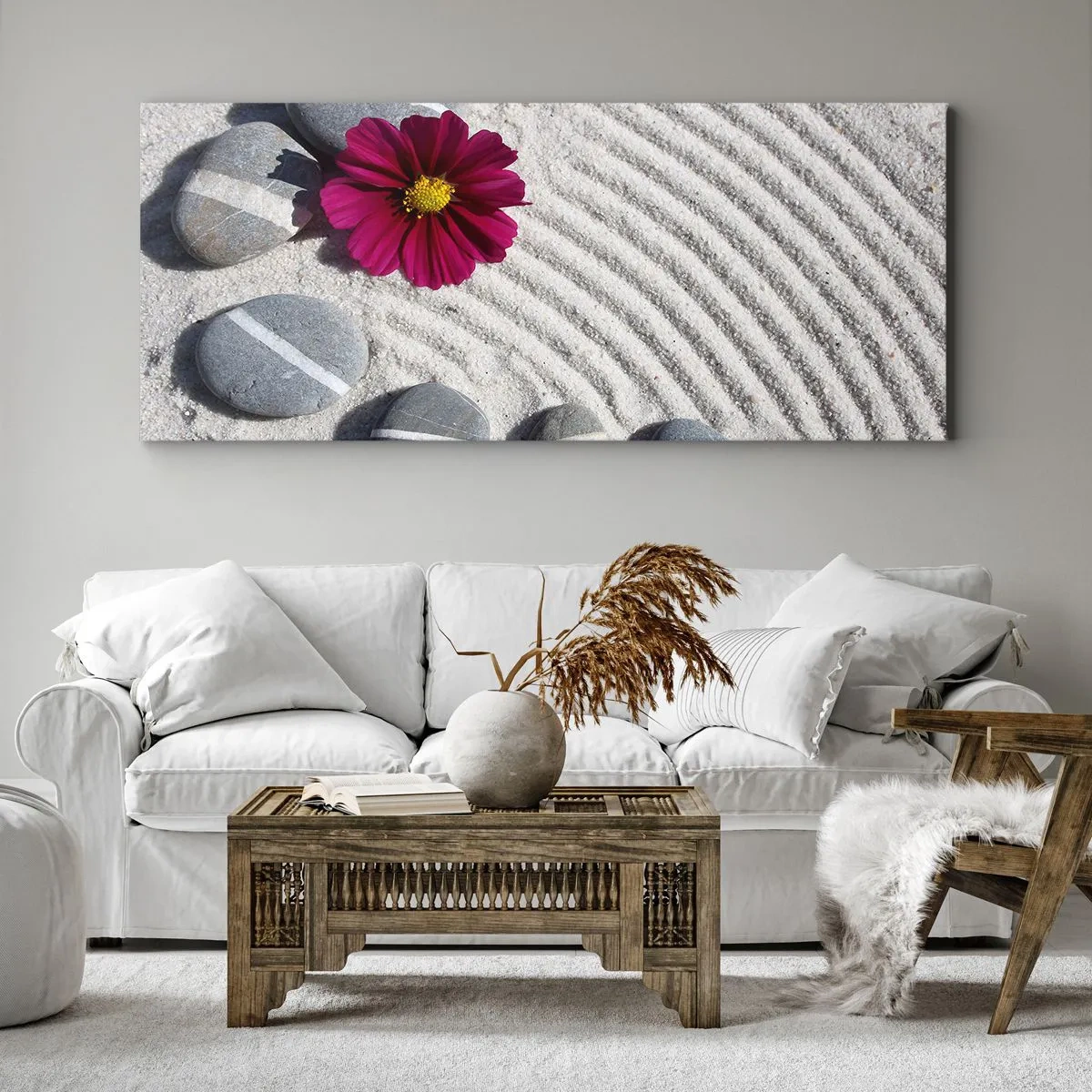 Bild auf Leinwand - Leinwandbild - Steine und eine rosa Blume auf dem Sand im Zen-Stil - 120x50cm - Energie und Ruhe des Zauberkreises der Natur - Moderne Wanddekoration für Wohnzimmer und Schlafzimmer ARTTOR