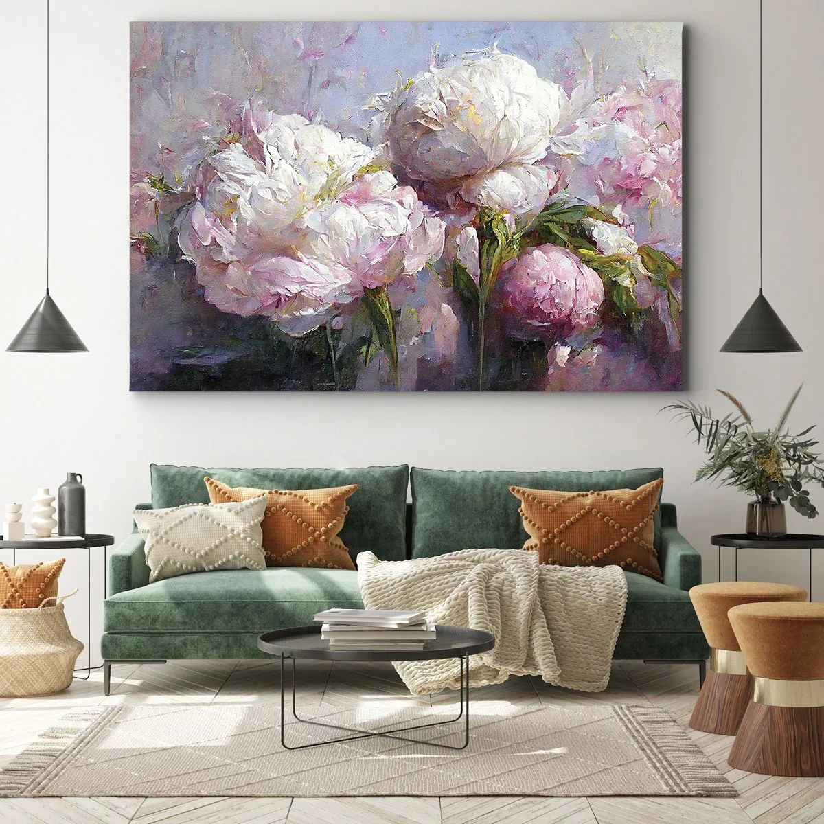 Bild auf Leinwand - Leinwandbild - Romantische Pfingstrosenblüten in Pastellfarben - 120x80cm - Strauß voller Leben - Moderne Wanddekoration für Wohnzimmer und Schlafzimmer ARTTOR