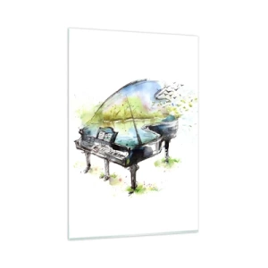 Glasbild - Bild auf glas - Künstlerische Aquarellmalerei eines Klaviers mit der Natur im Hintergrund - 80x120cm - Von Musik verzaubert - Moderne Wanddekoration für Wohnzimmer und Schlafzimmer ARTTOR