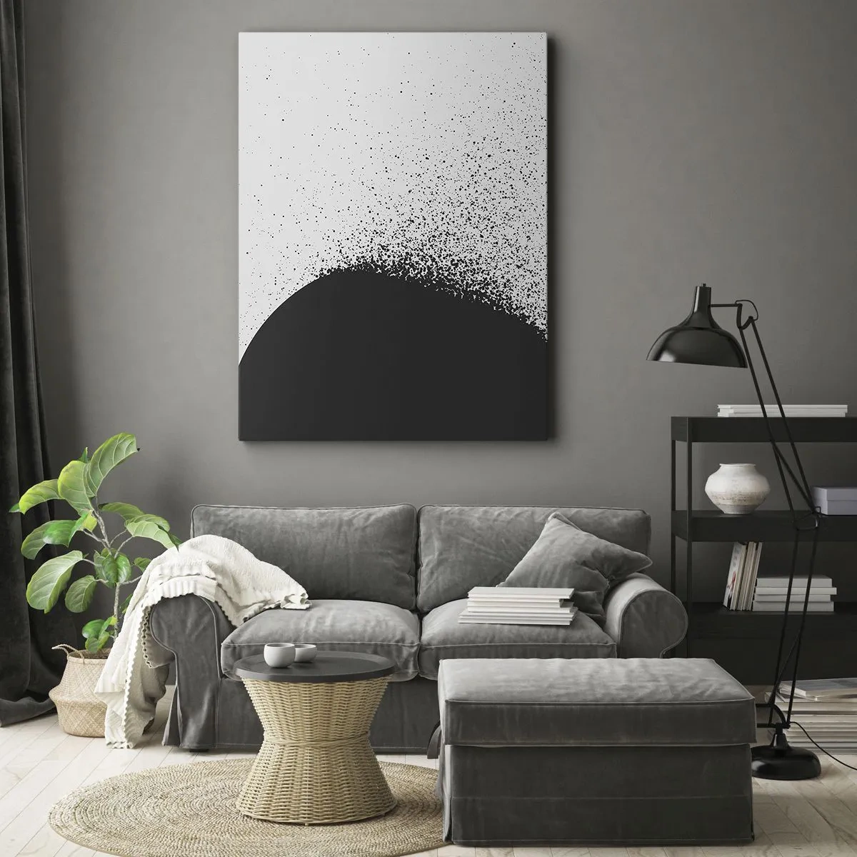 Bild auf Leinwand - Leinwandbild - Abstraktes Muster mit schwarzen Partikeln auf hellem Hintergrund - 50x70cm - Bewegung von Molekülen - Moderne Wanddekoration für Wohnzimmer und Schlafzimmer ARTTOR