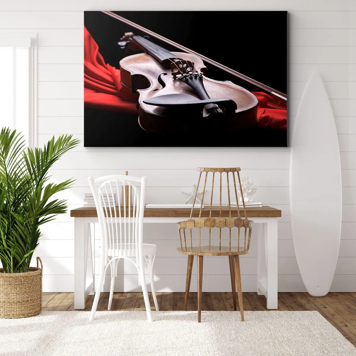 Bild auf Leinwand - Leinwandbild - Geige auf rotem Stoff mit schwarzem Hintergrund - 100x70cm - Musik der Gefühle - Moderne Wanddekoration für Wohnzimmer und Schlafzimmer ARTTOR