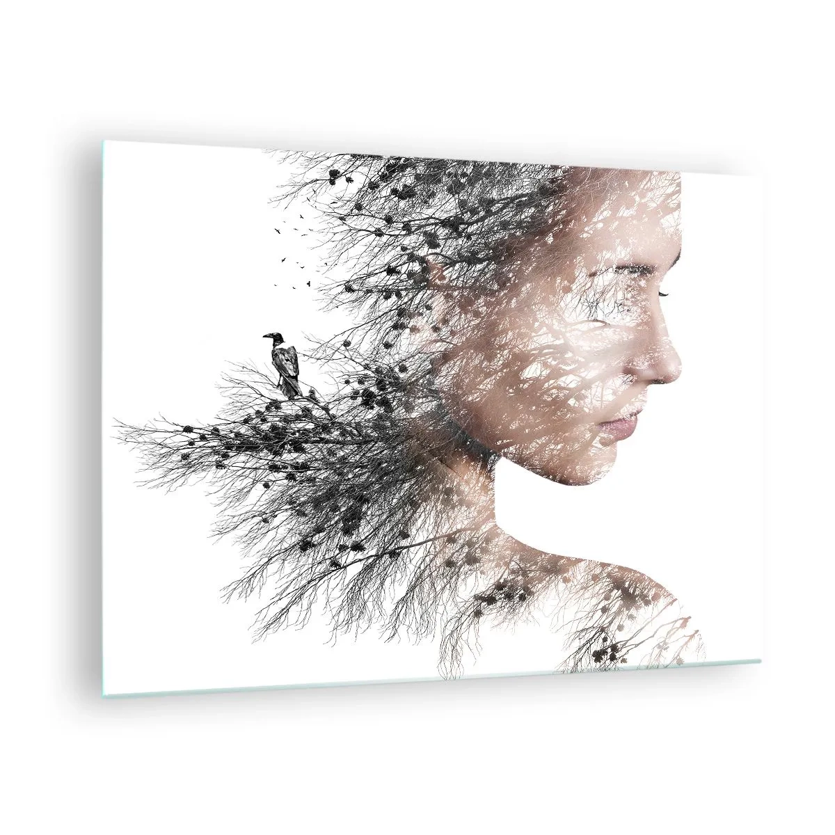 Glasbild - Bild auf glas - Porträt einer Frau mit Zweigen im Hintergrund - 70x50cm - Der Geist des Waldes - Moderne Wanddekoration für Wohnzimmer und Schlafzimmer ARTTOR