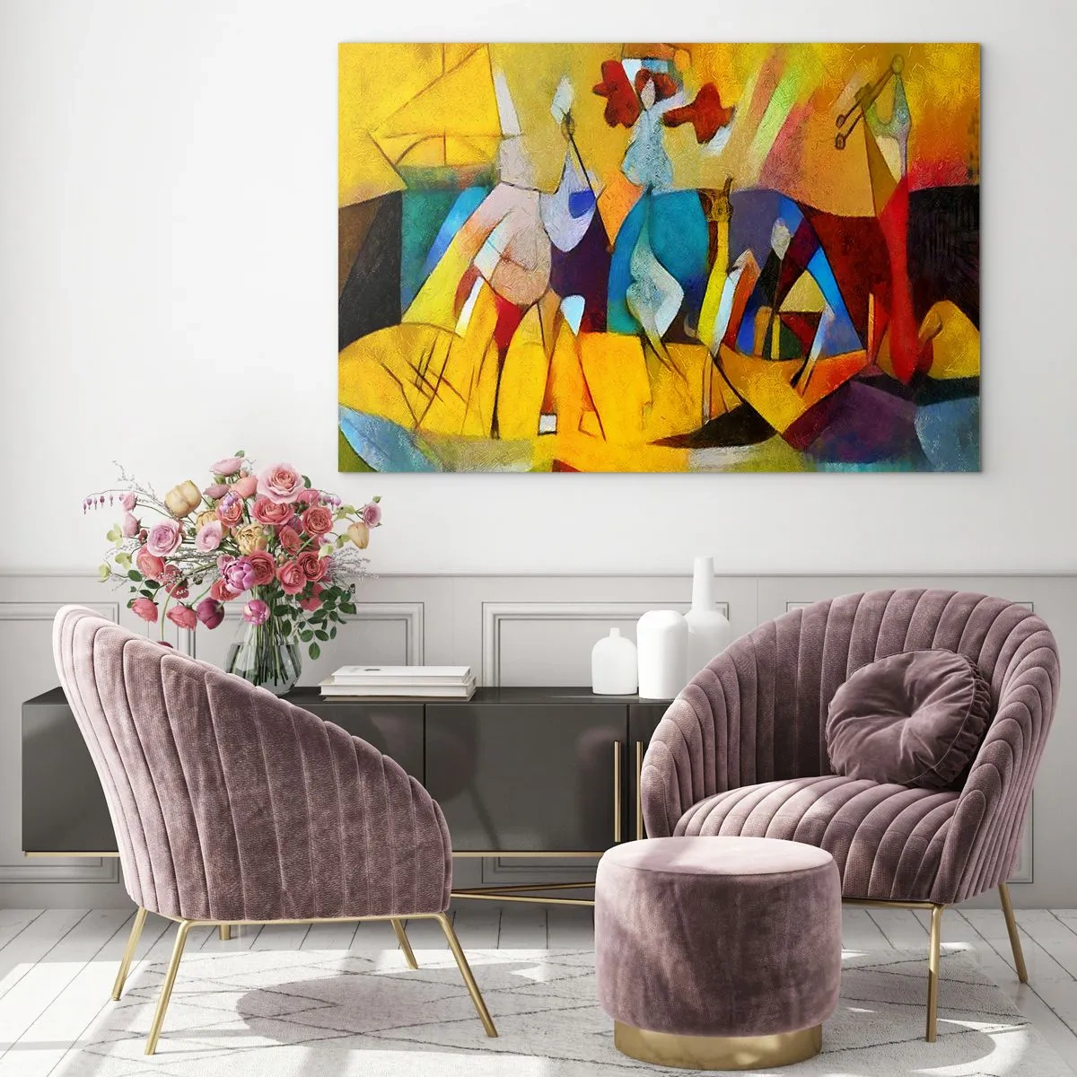Glasbild - Bild auf glas - Farbenfrohe Abstraktion mit Figuren und geometrischen Formen - 120x80cm - Sonne - Leben - Freude - Moderne Wanddekoration für Wohnzimmer und Schlafzimmer ARTTOR