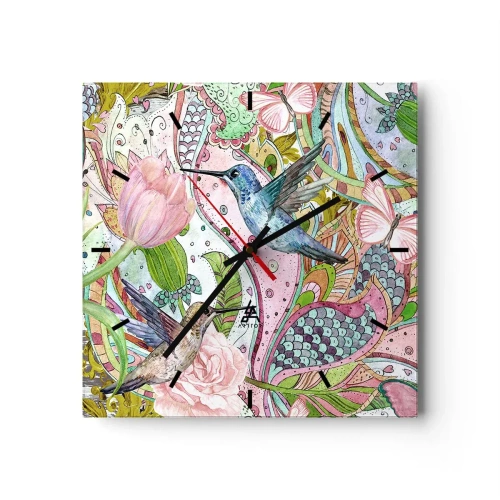 Wanduhr - Glasuhr - Bunte Kolibris und Schmetterlinge zwischen den Pflanzen - 30x30cm - Verstrickt in Weinreben - Moderne Wanddekoration für Wohnzimmer und Schlafzimmer ARTTOR
