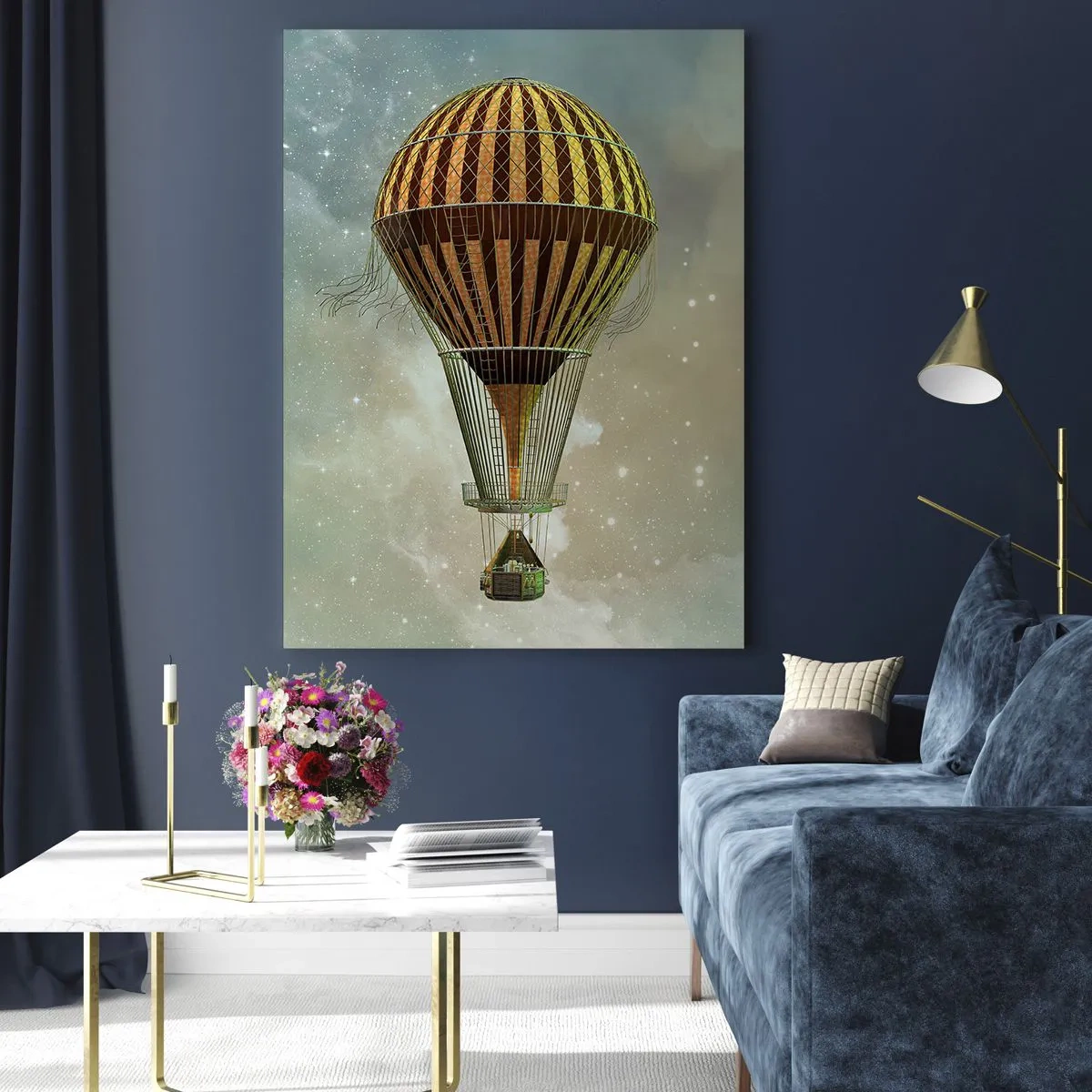 Glasbild - Bild auf glas - Ein Heißluftballon, der zwischen den Wolken schwebt - 80x120cm - Pionierflüge - Moderne Wanddekoration für Wohnzimmer und Schlafzimmer ARTTOR