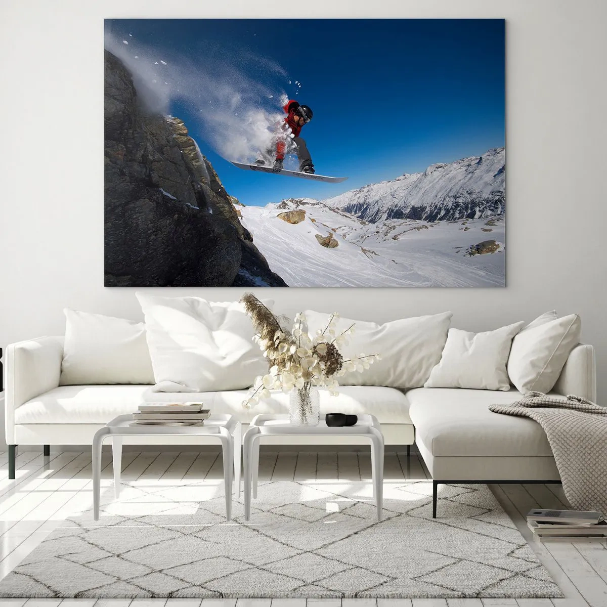 Glasbild - Bild auf glas - Ein Snowboarder springt vor einer Bergkulisse - 120x80cm - Und du wurdest Teil des Raums - Moderne Wanddekoration für Wohnzimmer und Schlafzimmer ARTTOR