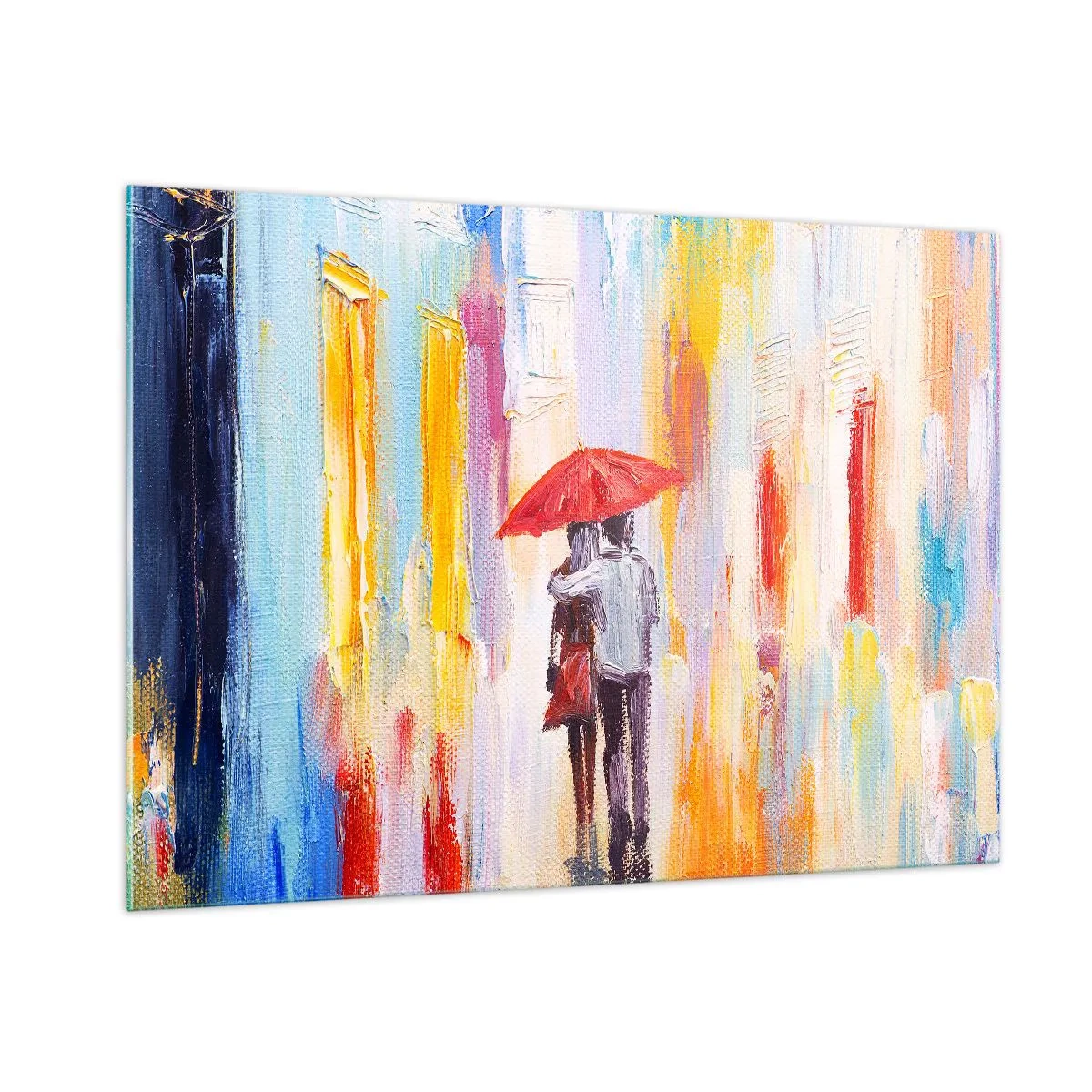 Glasbild - Bild auf glas - Ein Paar hält einen roten Regenschirm im Regen vor einer farbenfrohen Straße. - 100x70cm - Lass es weiter regnen - Moderne Wanddekoration für Wohnzimmer und Schlafzimmer ARTTOR
