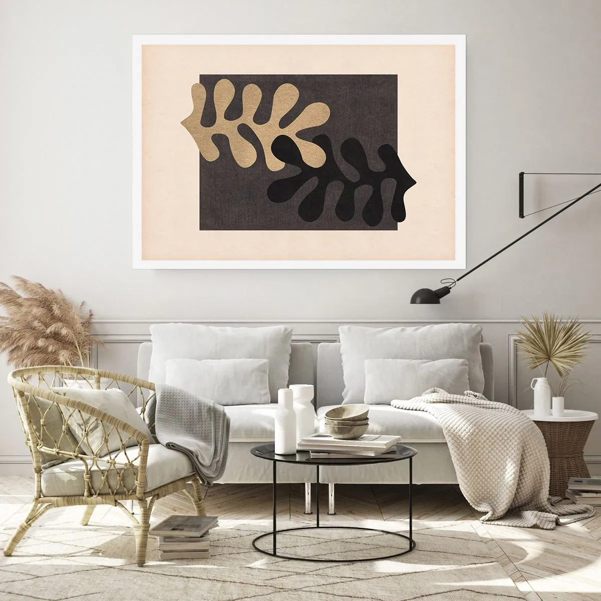 Poster - Abstrakte Blätter in Schwarz und Beige auf rechteckigem Hintergrund - 100x70cm - Abwesenheit und Ergänzung - Moderne Wanddekoration für Wohnzimmer und Schlafzimmer ARTTOR