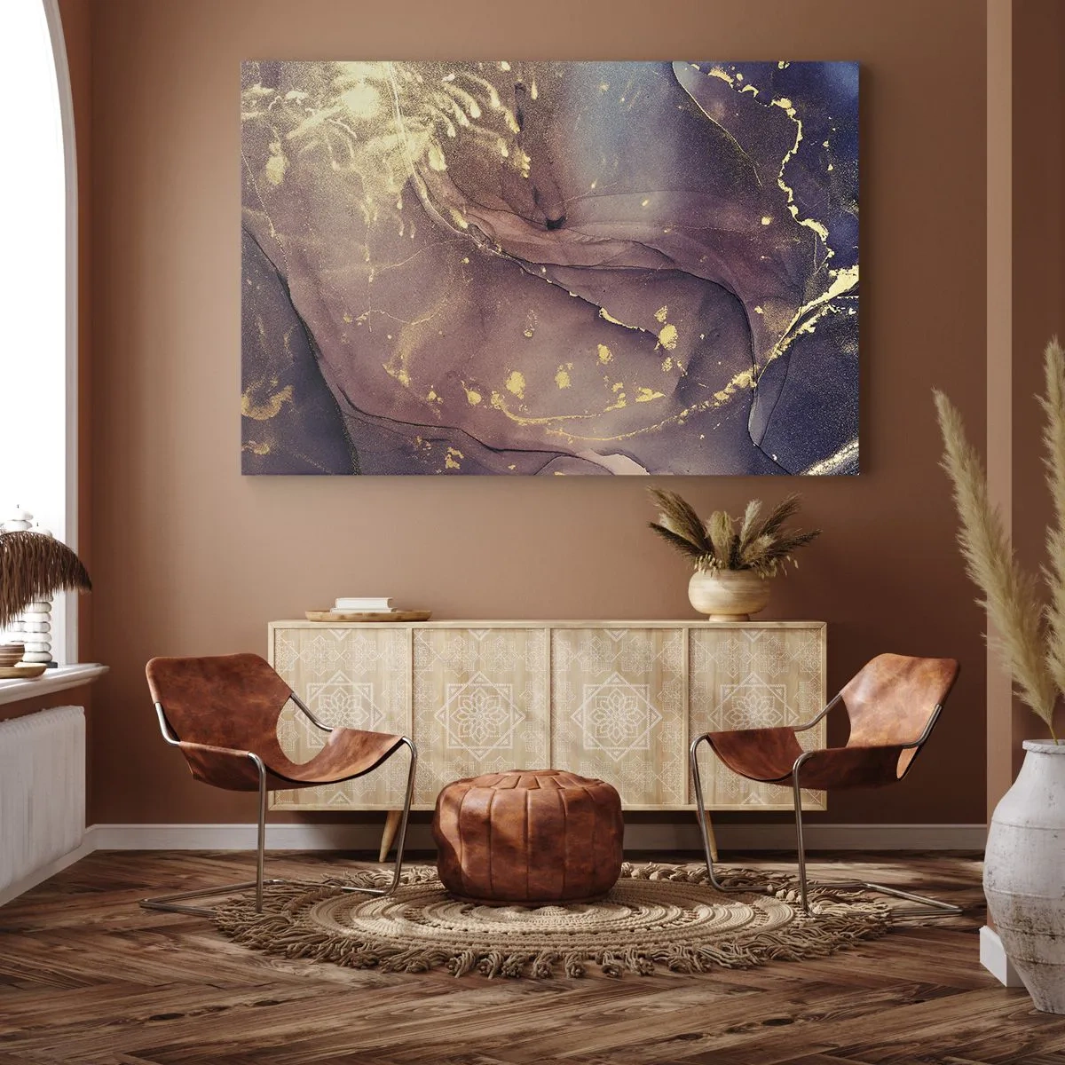 Bild auf Leinwand - Leinwandbild - Abstrakte Komposition mit Gold- und Lilatönen - 70x50cm - Materie und Geist - Moderne Wanddekoration für Wohnzimmer und Schlafzimmer ARTTOR