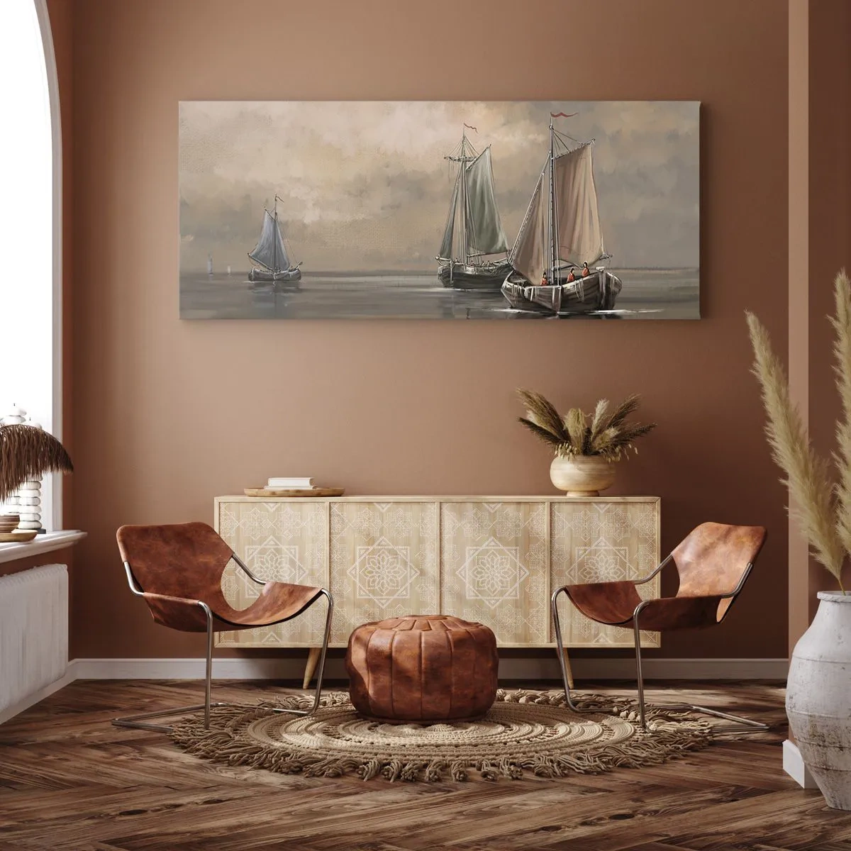 Bild auf Leinwand - Leinwandbild - Segelboote auf ruhigem Meer in pastellfarbener Umgebung - 140x50cm - Die Rückkehr der Matrosen - Moderne Wanddekoration für Wohnzimmer und Schlafzimmer ARTTOR