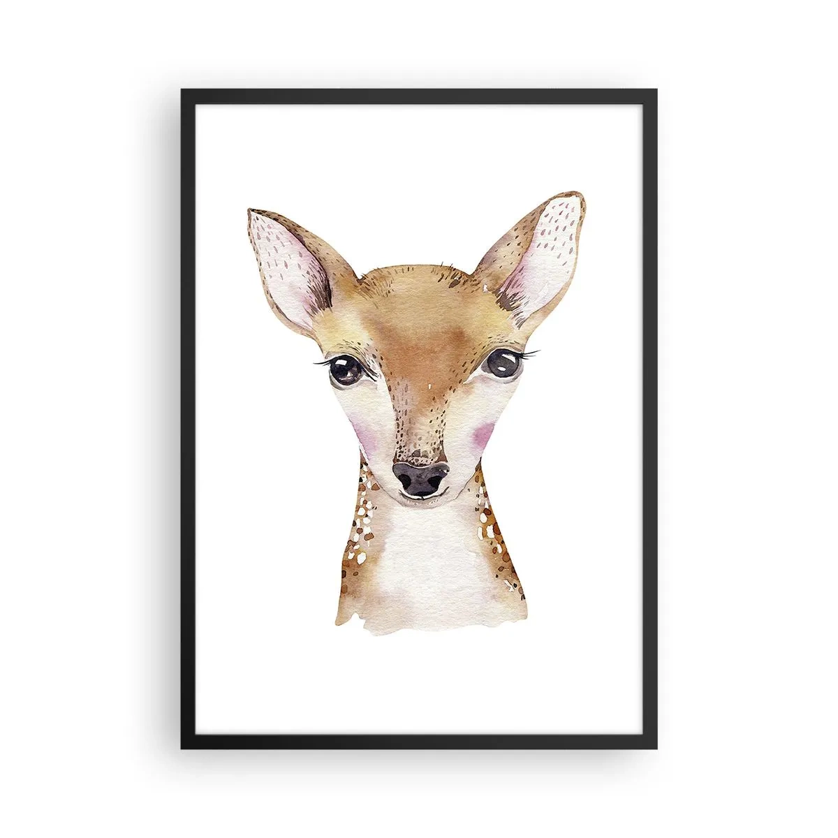 Poster in einem schwarzem Rahmen - Aquarellporträt eines jungen Rehkitzes auf weißem Hintergrund - 50x70cm - Die Natur der Unschuld - Moderne Wanddekoration für Wohnzimmer und Schlafzimmer ARTTOR