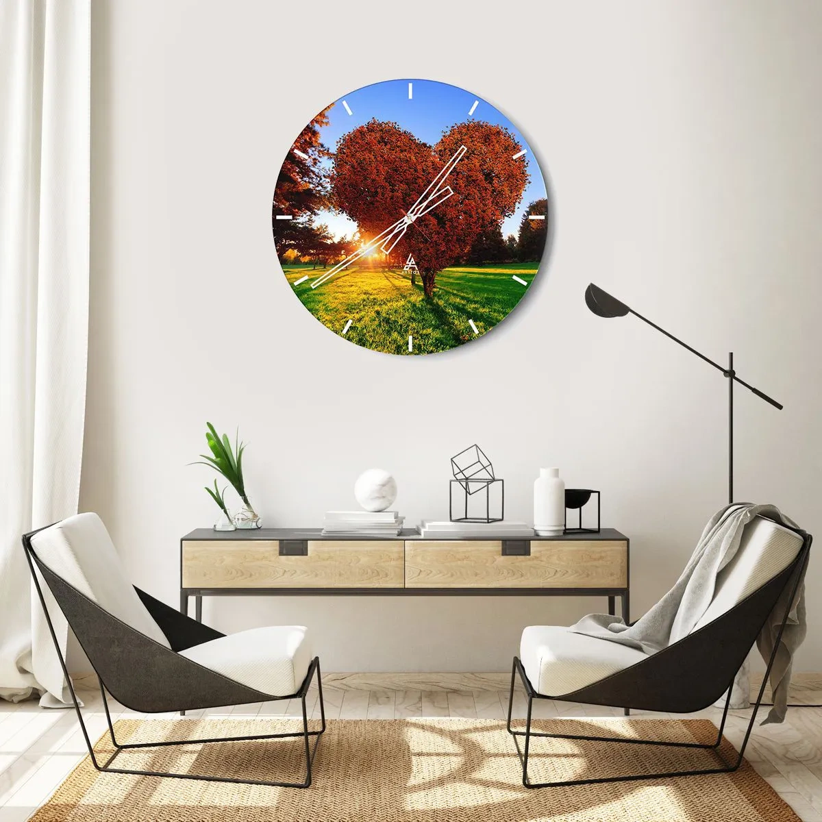 Wanduhr - Glasuhr - Herzförmiger Baum bei Sonnenuntergang - 30x30cm - Und wie man den Herbst nicht liebt - Moderne Wanddekoration für Wohnzimmer, Küche und Schlafzimmer ARTTOR