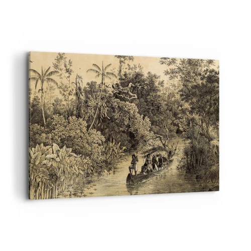 Bild auf Leinwand - Leinwandbild - Zeichnung eines Dschungels mit einem Boot auf einem Fluss - 100x70cm - Expedition zur Quelle - Moderne Wanddekoration für Wohnzimmer und Schlafzimmer ARTTOR