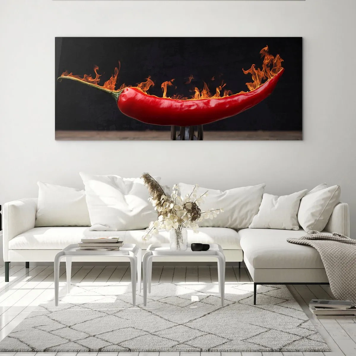 Glasbild - Bild auf glas - Feurige rote Paprika auf einer Gabel - 140x50cm - Eine feurige Vorspeise - Moderne Wanddekoration für Wohnzimmer und Schlafzimmer ARTTOR