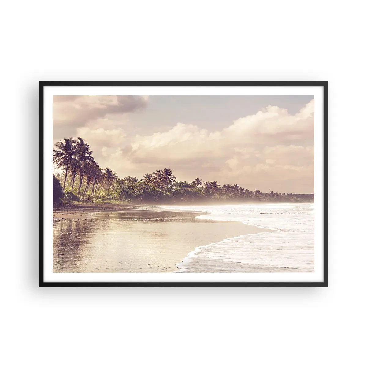 Poster in einem schwarzem Rahmen - Ein Strand mit Palmen und sanften Wellen am Morgen - 100x70cm - Die Liebkosung der Wellen - Moderne Wanddekoration für Wohnzimmer und Schlafzimmer ARTTOR