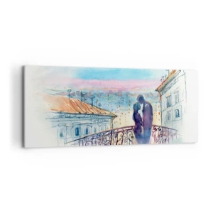 Bild auf Leinwand - Leinwandbild - Romantisches Paar auf einem Balkon mit Blick auf die Stadt - 120x50cm - Paris-Liebhaber - Moderne Wanddekoration für Wohnzimmer und Schlafzimmer ARTTOR