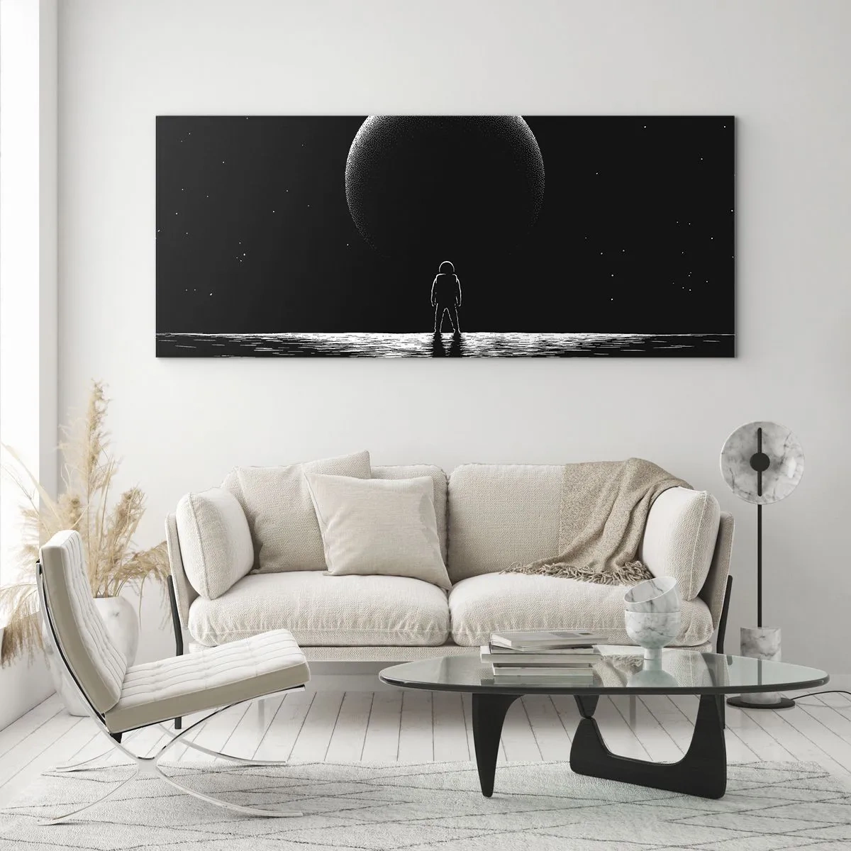 Glasbild - Bild auf glas - Ein Astronaut vor dem Hintergrund eines großen Planeten im Weltraum - 120x50cm - Angesicht zu Angesicht - Moderne Wanddekoration für Wohnzimmer und Schlafzimmer ARTTOR