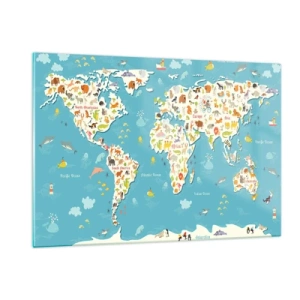 Glasbild - Bild auf glas - Bunte Weltkarte mit Tier- und Meeresmotiven - 120x80cm - Wir lieben die ganze Welt - Moderne Wanddekoration für Wohnzimmer und Schlafzimmer ARTTOR