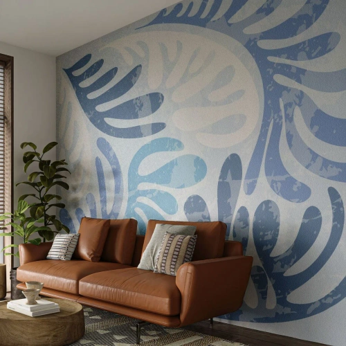 Fototapete Premium Sand - Dekorative Farnblätter in Blautönen - 100x70cm - Blaue Farne - Moderne Wanddekoration für Wohnzimmer und Schlafzimmer ARTTOR