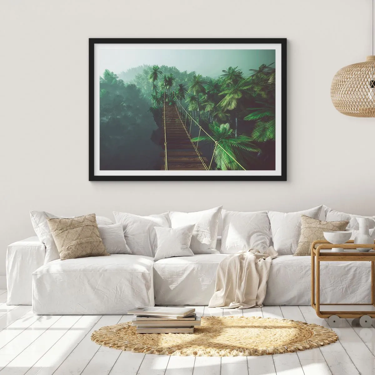 Poster in einem schwarzem Rahmen - Eine Hängebrücke in einem tropischen Wald, umgeben von Nebel. - 70x50cm - Über der Brandung des Grüns - Moderne Wanddekoration für Wohnzimmer und Schlafzimmer ARTTOR