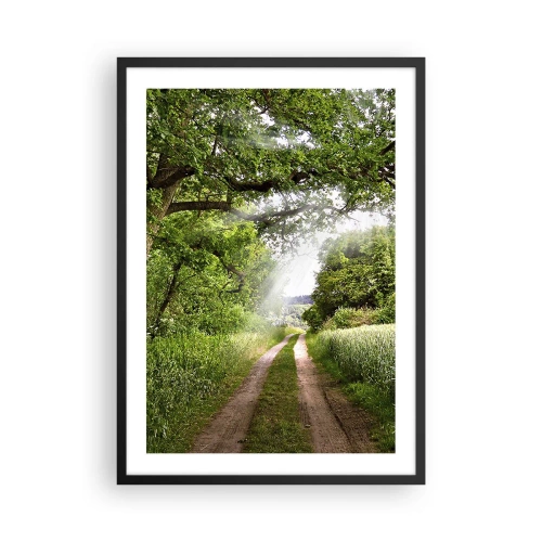 Poster in einem schwarzem Rahmen - Eine schattige Schotterstraße, umgeben von üppigen grünen Bäumen und Wiesen - 50x70cm - Et in Arcadia ego - Moderne Wanddekoration für Wohnzimmer und Schlafzimmer ARTTOR