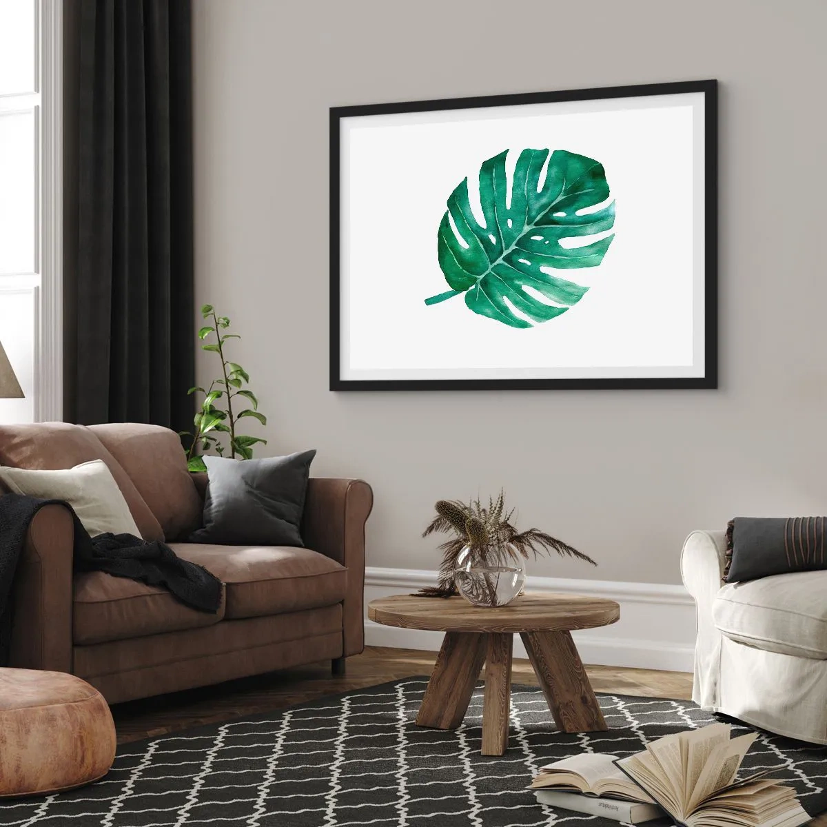 Poster in einem schwarzem Rahmen - Grünes Monsterablatt im minimalistischen Stil - 70x50cm - Grünes Konzept - Moderne Wanddekoration für Wohnzimmer und Schlafzimmer ARTTOR