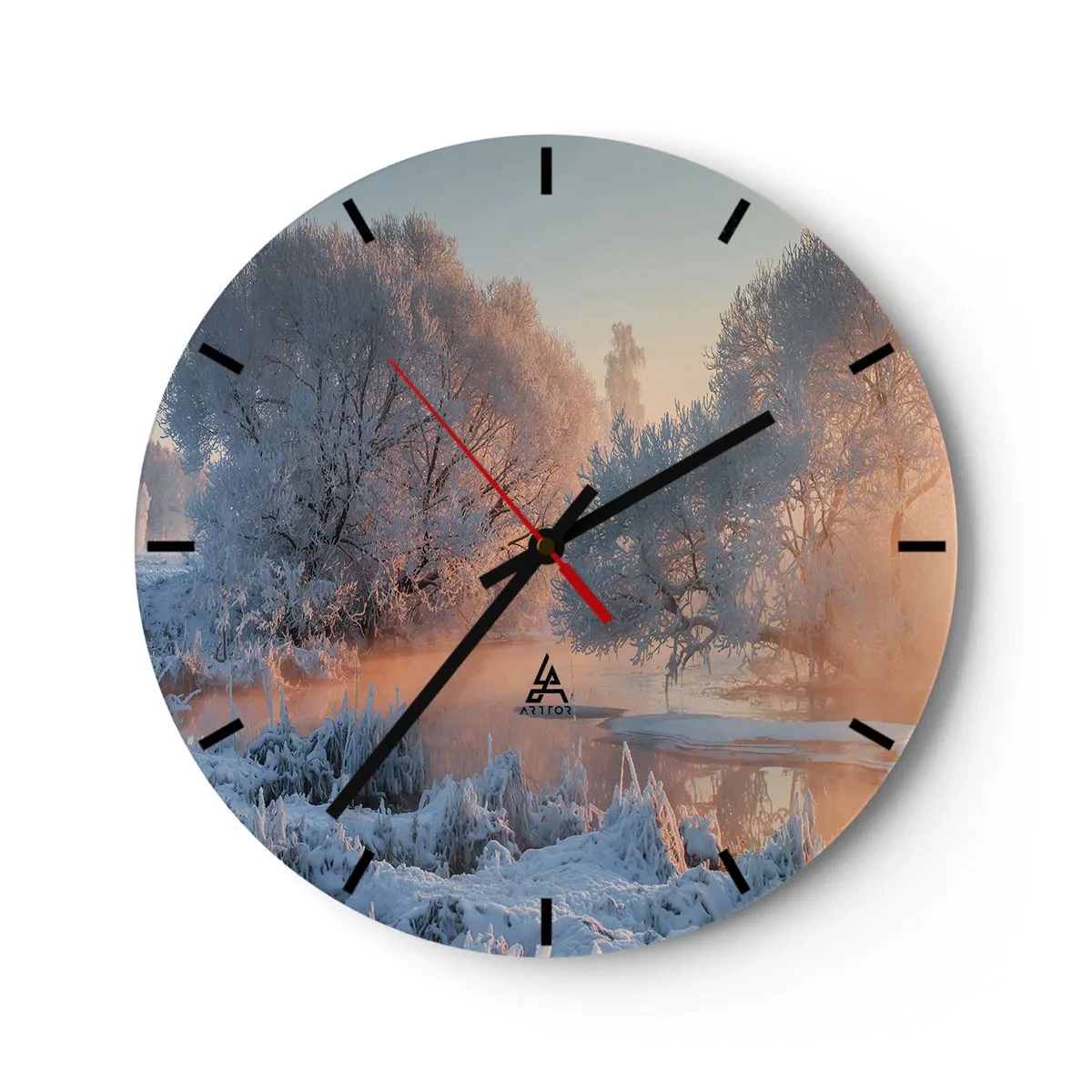 Wanduhr - Glasuhr - Winterlandschaft mit gefrorenen Bäumen im Morgengrauen - 30x30cm - Alles im Kristall glänzt in der Sonne - Moderne Wanddekoration für Wohnzimmer, Küche und Schlafzimmer ARTTOR