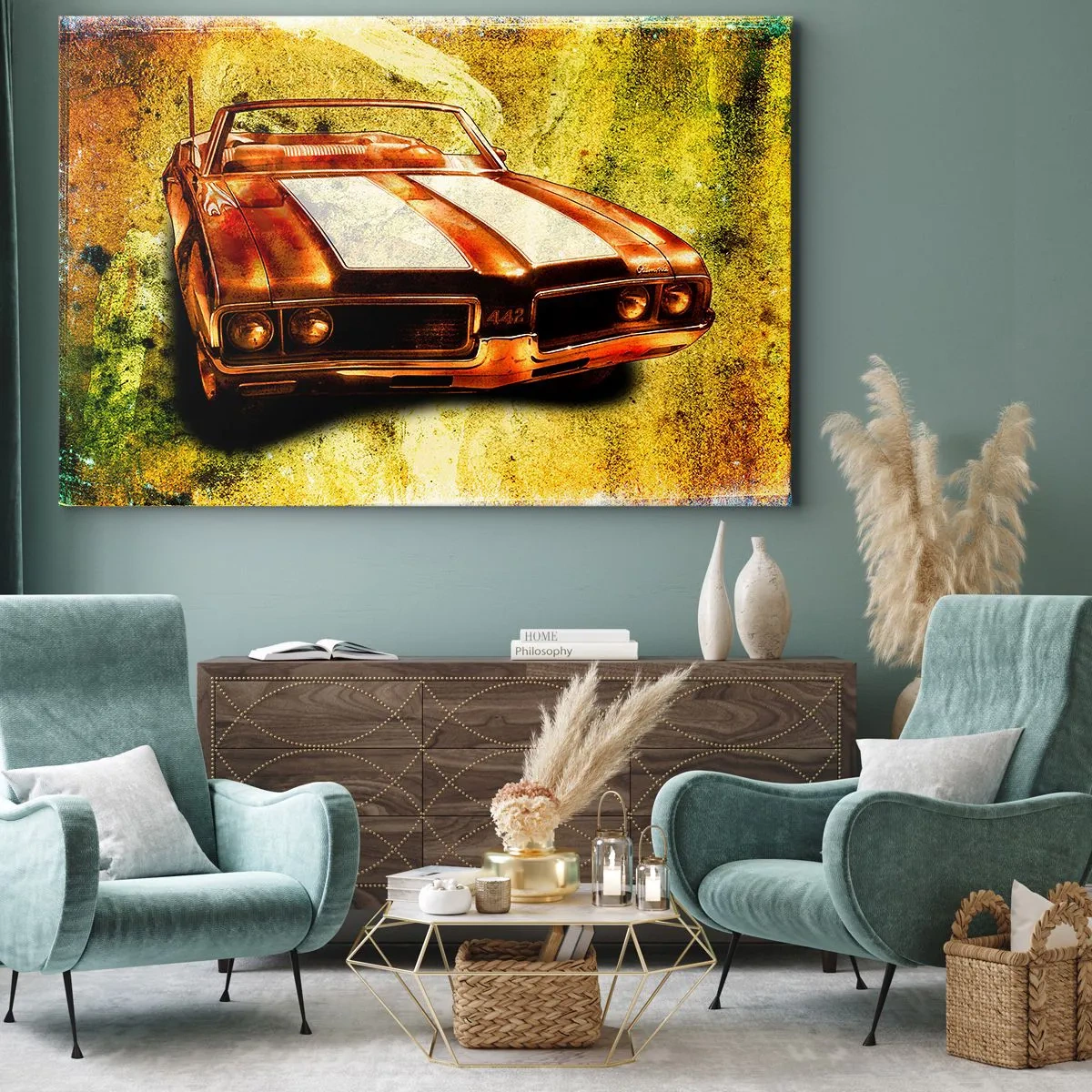 Bild auf Leinwand - Leinwandbild - Ein sportliches Retro-Cabrio in Goldtönen vor Vintage-Hintergrund - 70x50cm - In Formen verzauberte Kraft - Moderne Wanddekoration für Wohnzimmer und Schlafzimmer ARTTOR