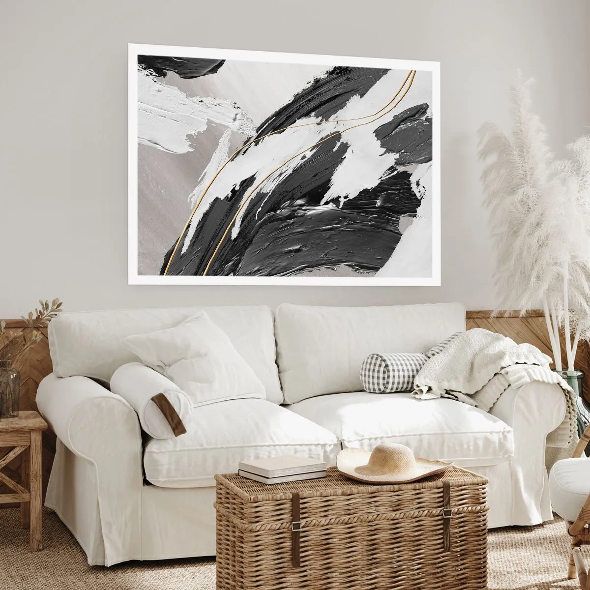 Poster - Schwarze und weiße Pinselstriche mit einem subtilen goldenen Akzent - 100x70cm - Abstraktion in großem Stil - Moderne Wanddekoration für Wohnzimmer und Schlafzimmer ARTTOR