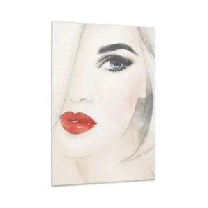 Glasbild - Bild auf glas - Porträt einer Frau mit hellem Haar, roten Lippen und blauen Augen - 50x70cm - Es hypnotisiert und berauscht - Moderne Wanddekoration für Wohnzimmer und Schlafzimmer ARTTOR