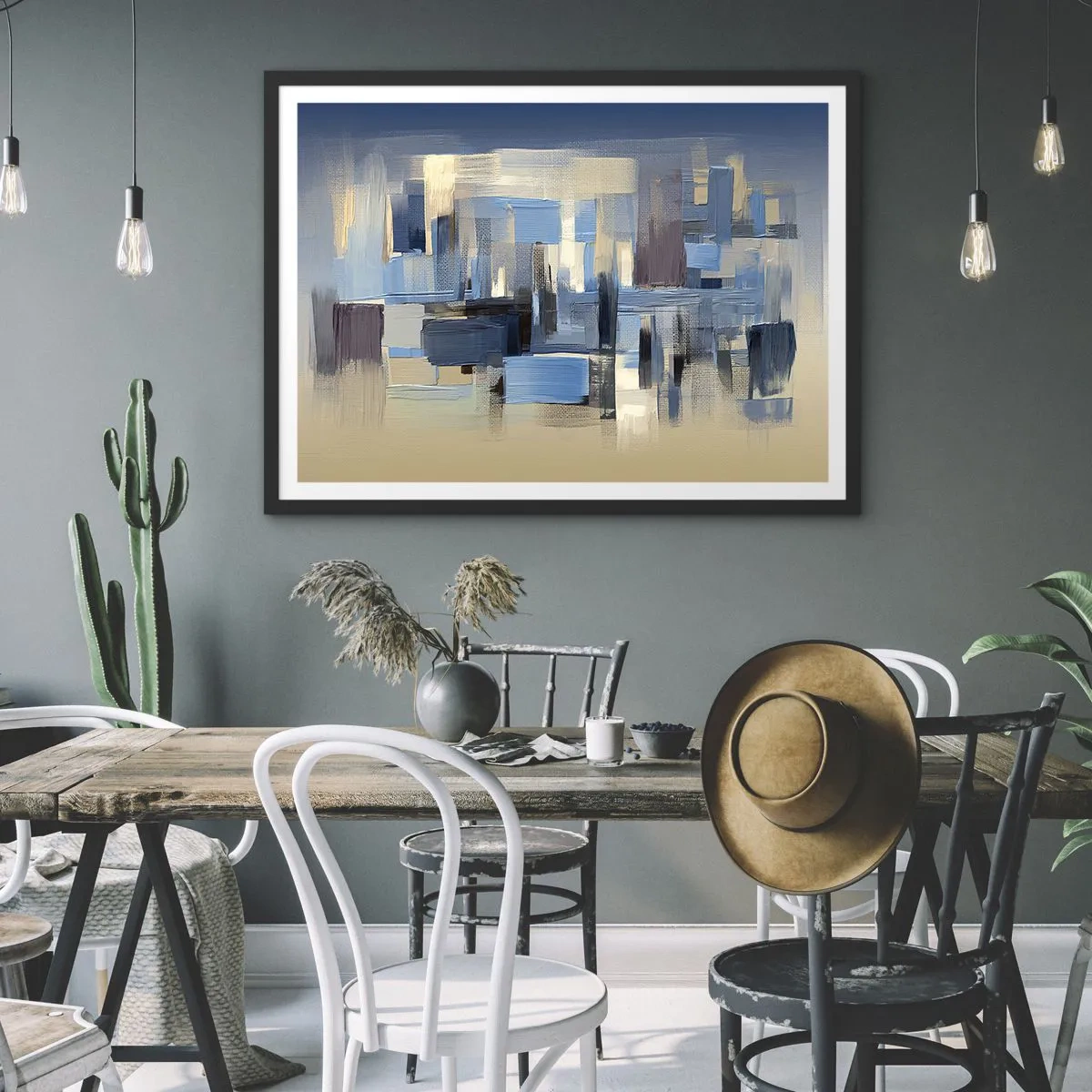 Poster in einem schwarzem Rahmen - Geometrische Formen in Blau- und Beigetönen - 70x50cm - Blaue Konstruktion - Moderne Wanddekoration für Wohnzimmer und Schlafzimmer ARTTOR