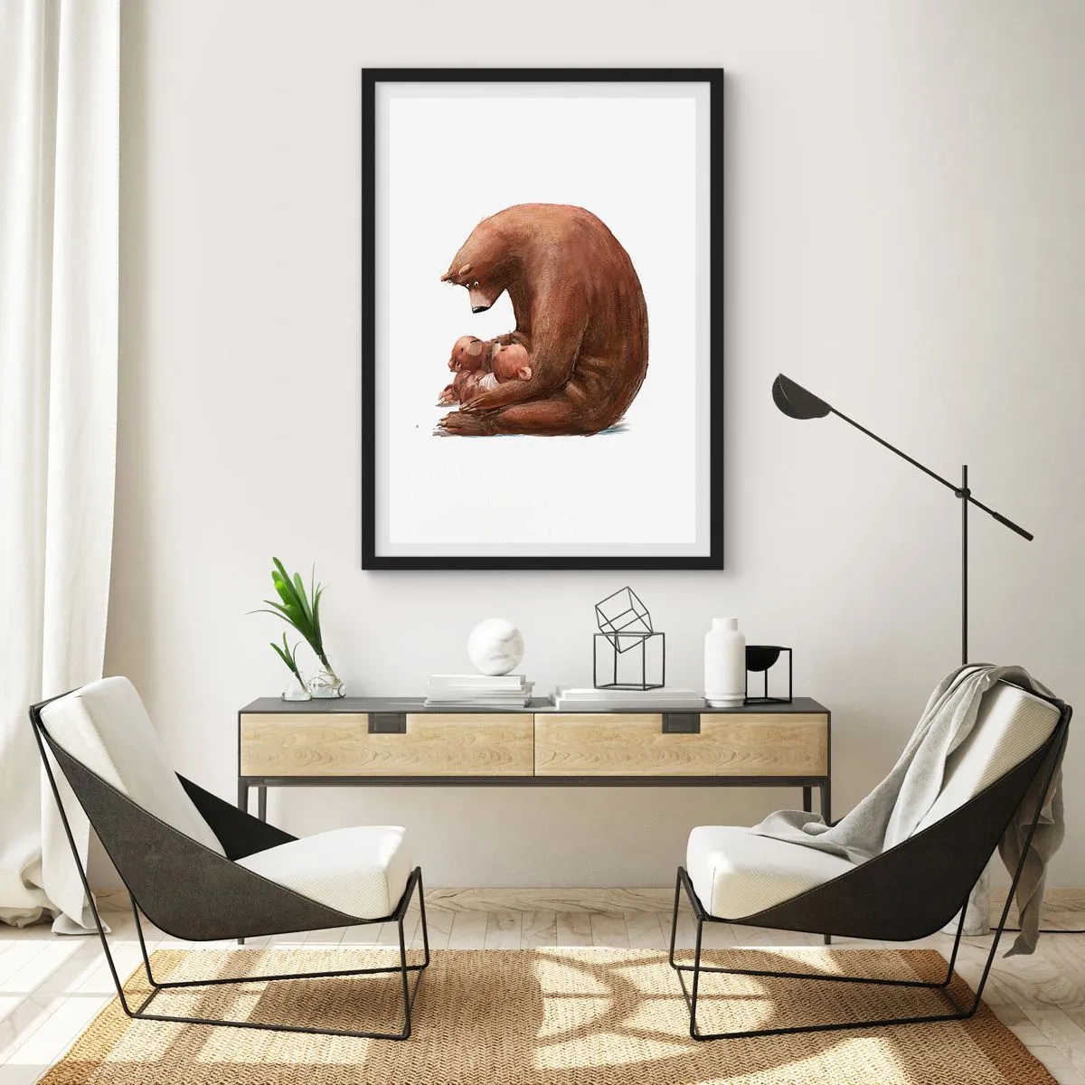 Poster in einem schwarzem Rahmen - Mama Bär umarmt zwei kleine Bären in einer herzlichen Umarmung - 50x70cm - Süße Träume, Kinder - Moderne Wanddekoration für Wohnzimmer und Schlafzimmer ARTTOR