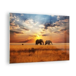 Glasbild - Bild auf glas - Elefanten in der afrikanischen Savanne bei Sonnenuntergang - 70x50cm - Familienspaziergang - Moderne Wanddekoration für Wohnzimmer und Schlafzimmer ARTTOR