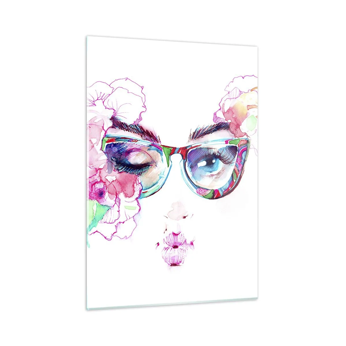 Glasbild - Bild auf glas - Frauenaugen mit Blumen und bunten Gläsern im Aquarellstil - 50x70cm - Ein verlockendes Versprechen - Moderne Wanddekoration für Wohnzimmer und Schlafzimmer ARTTOR