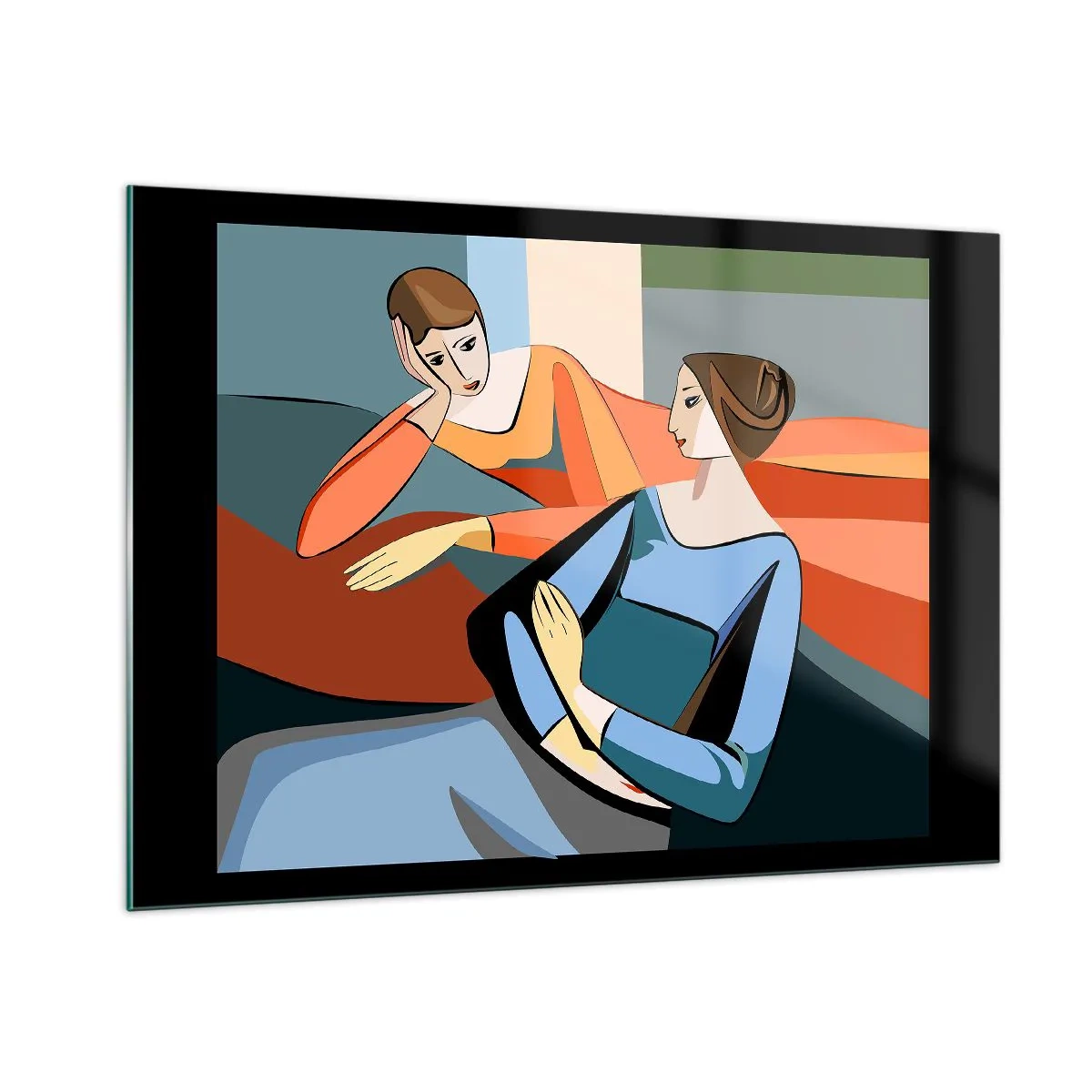 Glasbild - Bild auf glas - Eine geometrische Szene eines Gesprächs zwischen zwei Frauen vor dem Hintergrund eines Innenraums. - 100x70cm - Moment der Zuversicht - Moderne Wanddekoration für Wohnzimmer und Schlafzimmer ARTTOR